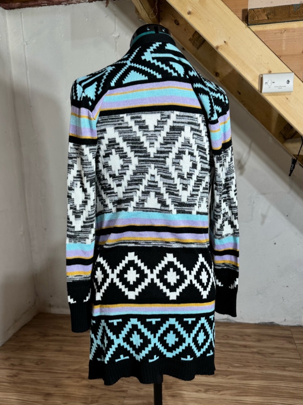 No Boundaries Patterned Open-Front Cardigan Sweater in Black, White & Pastel - Picture 4 of 11